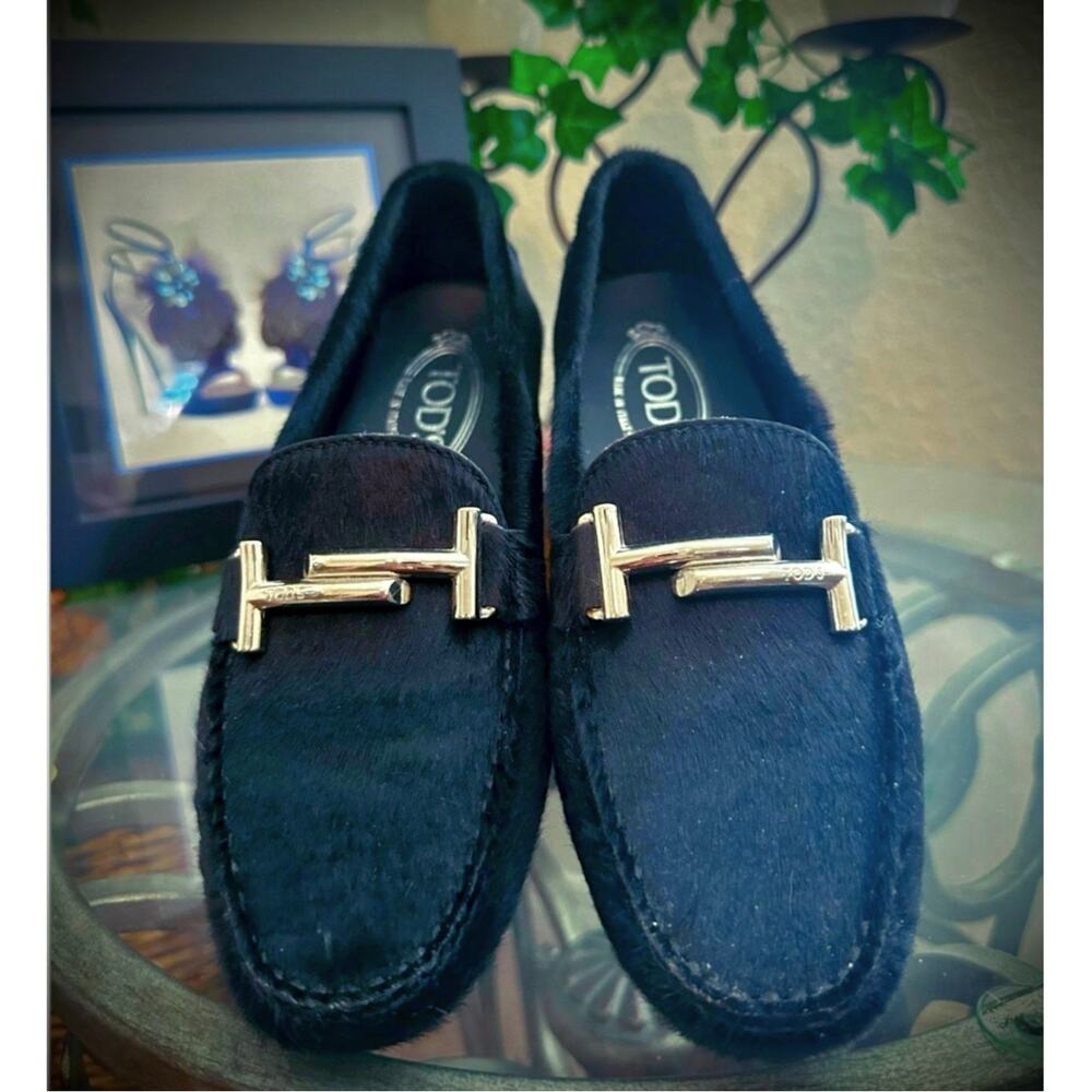 NEW TOD's Silver Double T BLACK PONY HAIR Leather Gommino Driving Shoes 38  US 8 - Picture 10 of 15